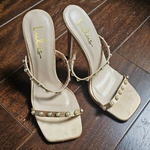 Lulus Gold Slip on Heels with Pearl Embellishments